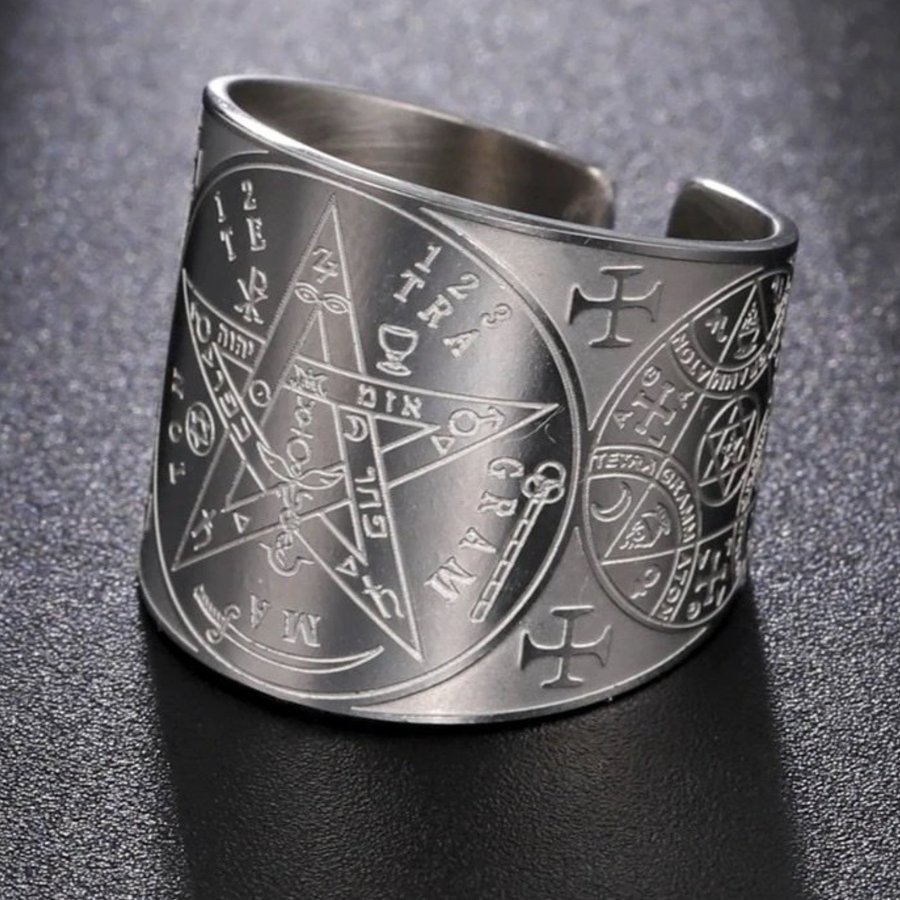 Ring med pentagram Tetragrammaton Ockult Metal Unisex Goth Punk Stål