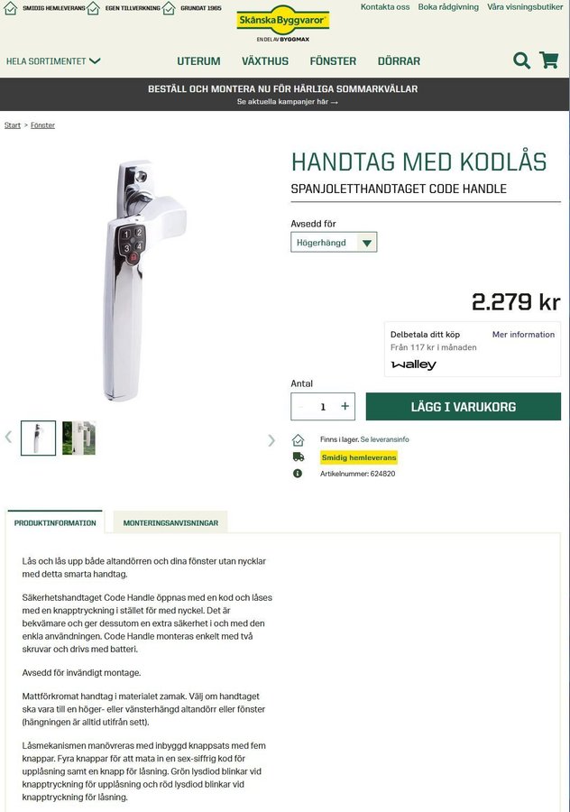 Kodlås assa code handle altan eller fönster (vänster)