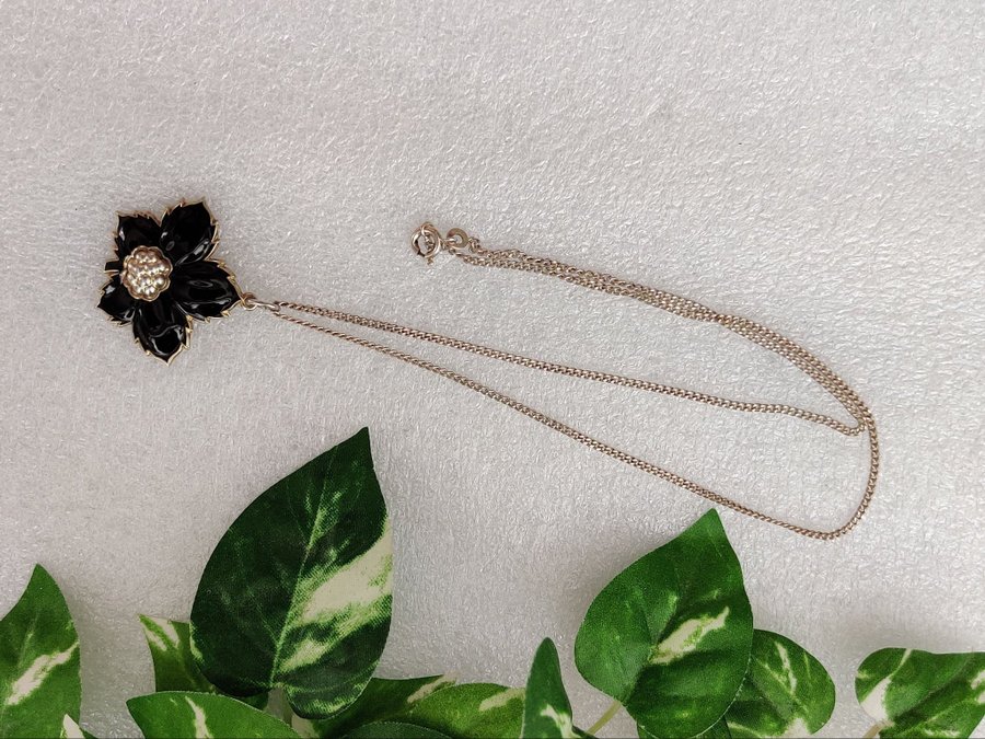 Vintage silver hänge svart emalj blomma kronblad kulor pansarlänk rund bubbla 92