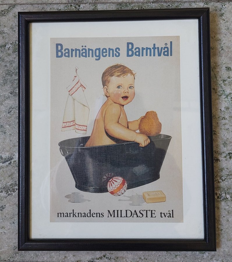 Vintage tavla * Barnängens Barntvål* i fint skick Inglasad Retro!