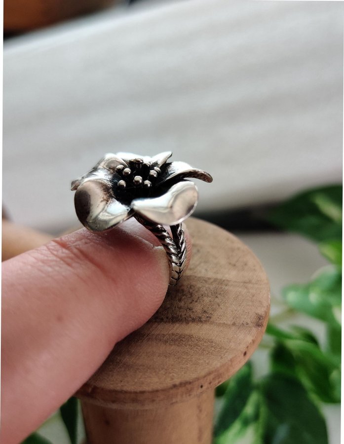 Vintage designer ring silver mexico V 925 blomma 3d spröt växt blad natur löv 15