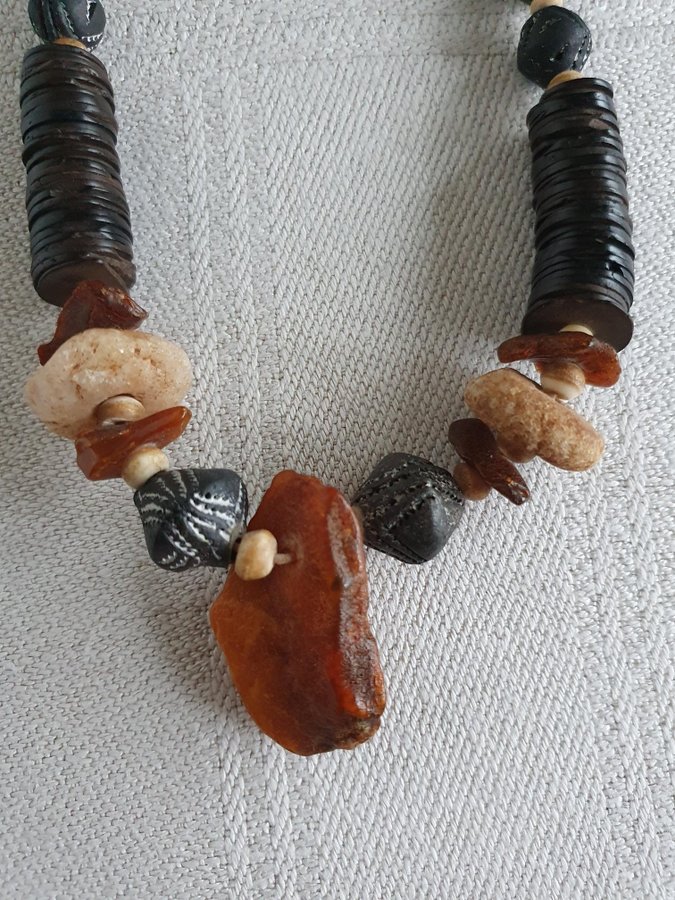 Naturlig Rå Bärnsten Kokosskivor Antika handelspärlor Halsband Vintage Afroart