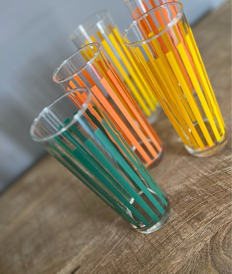 4 (5) Glas Saftglas Grogg-glas Spritglas Randiga Gul/Orange 80-tal RETRO