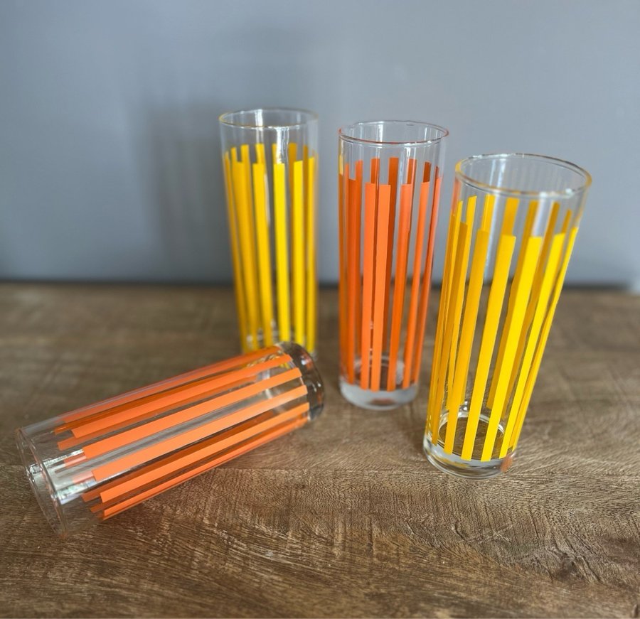 4 (5) Glas Saftglas Grogg-glas Spritglas Randiga Gul/Orange 80-tal RETRO