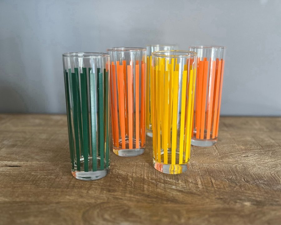 4 (5) Glas Saftglas Grogg-glas Spritglas Randiga Gul/Orange 80-tal RETRO