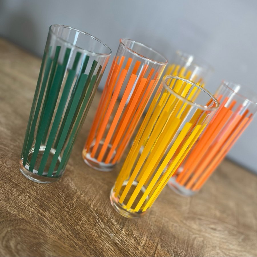 4 (5) Glas Saftglas Grogg-glas Spritglas Randiga Gul/Orange 80-tal RETRO