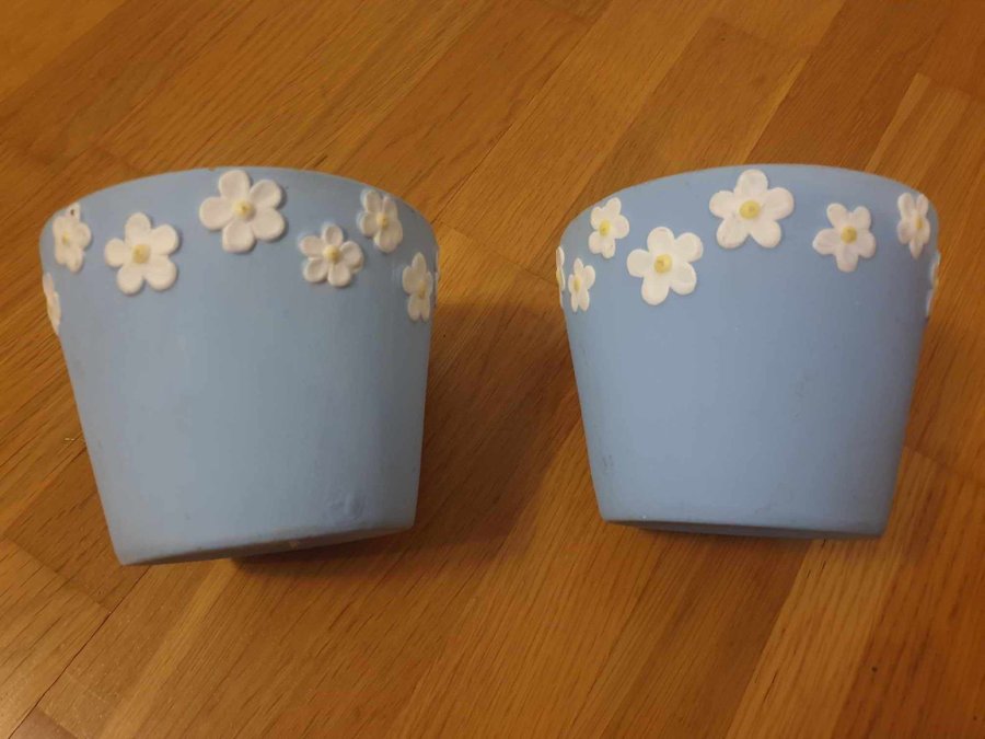 2 söta blomkrukor ljusblå blå vita blommor vit