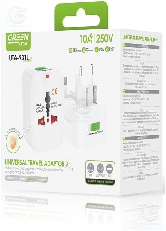 NYTT Universal reseadapter – vit • För hela världen (150+ länder) •10 A / 1000W