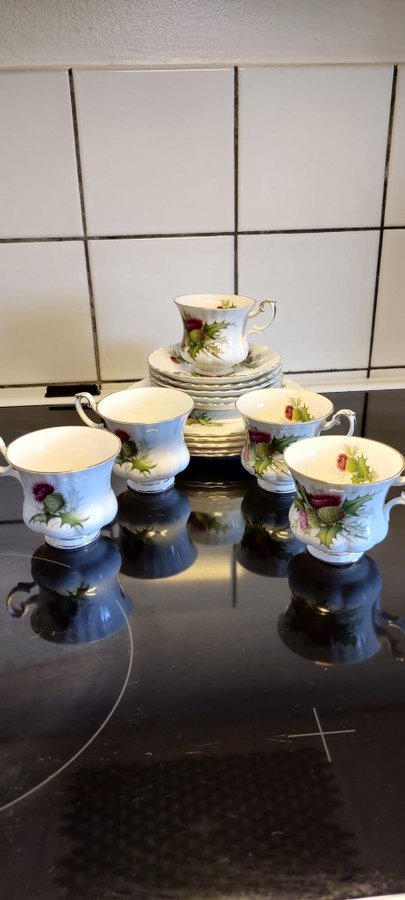 ROYAL ALBERT JÄTTEFIN KAFFESERVIS 15 delarporslin"Highland Thistle"