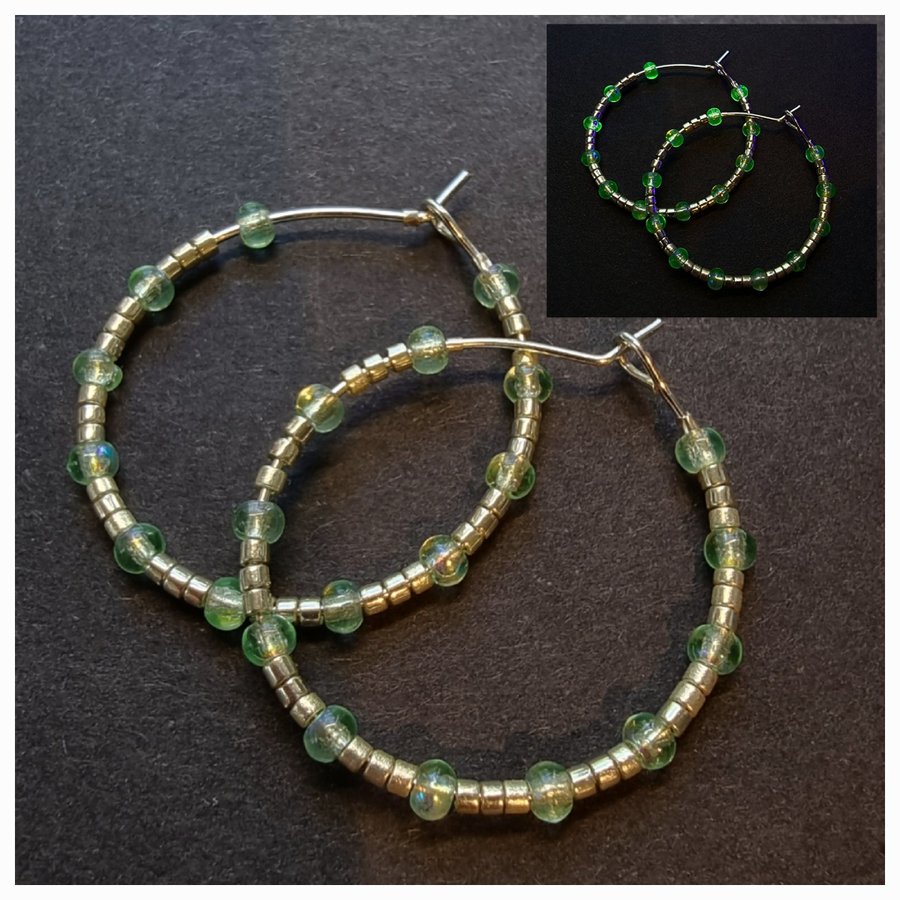 KREOLÖRHÄNGEN m pärlor av URANGLAS sterlingsilver grön URANIUM HOOP EARRINGS