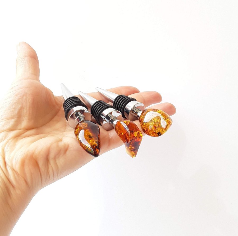 Gemstone cork All bottle stopper with Baltic amber stone Metal decorative cork