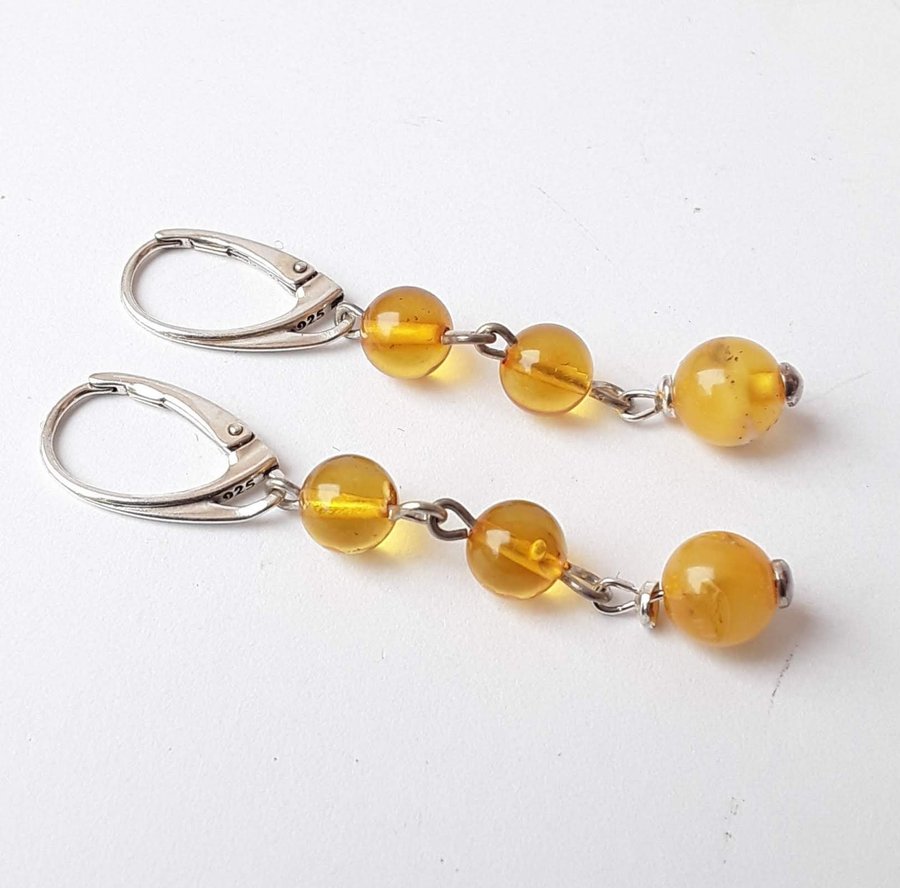 Baltic amber gem and 925 sterling silver long dangle stud earrings jewelry