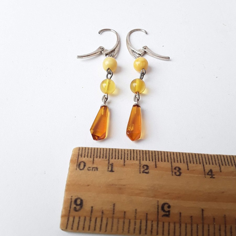 Baltic amber gem and 925 sterling silver long dangle stud earrings jewelry