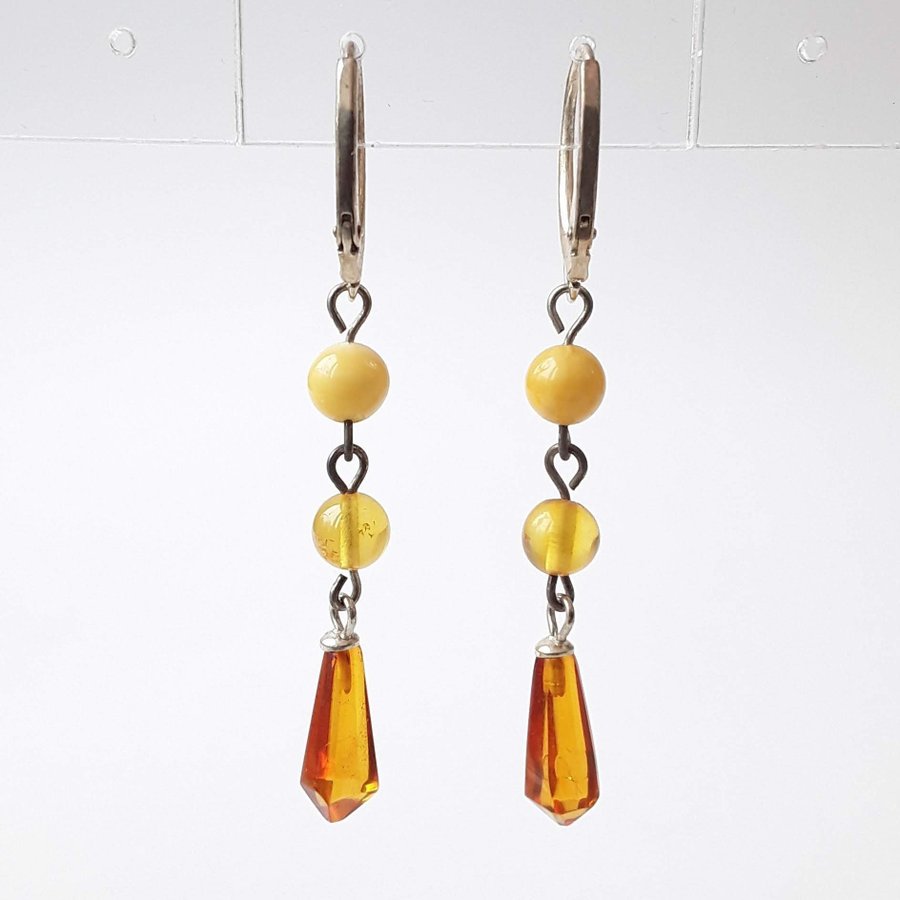 Baltic amber gem and 925 sterling silver long dangle stud earrings jewelry