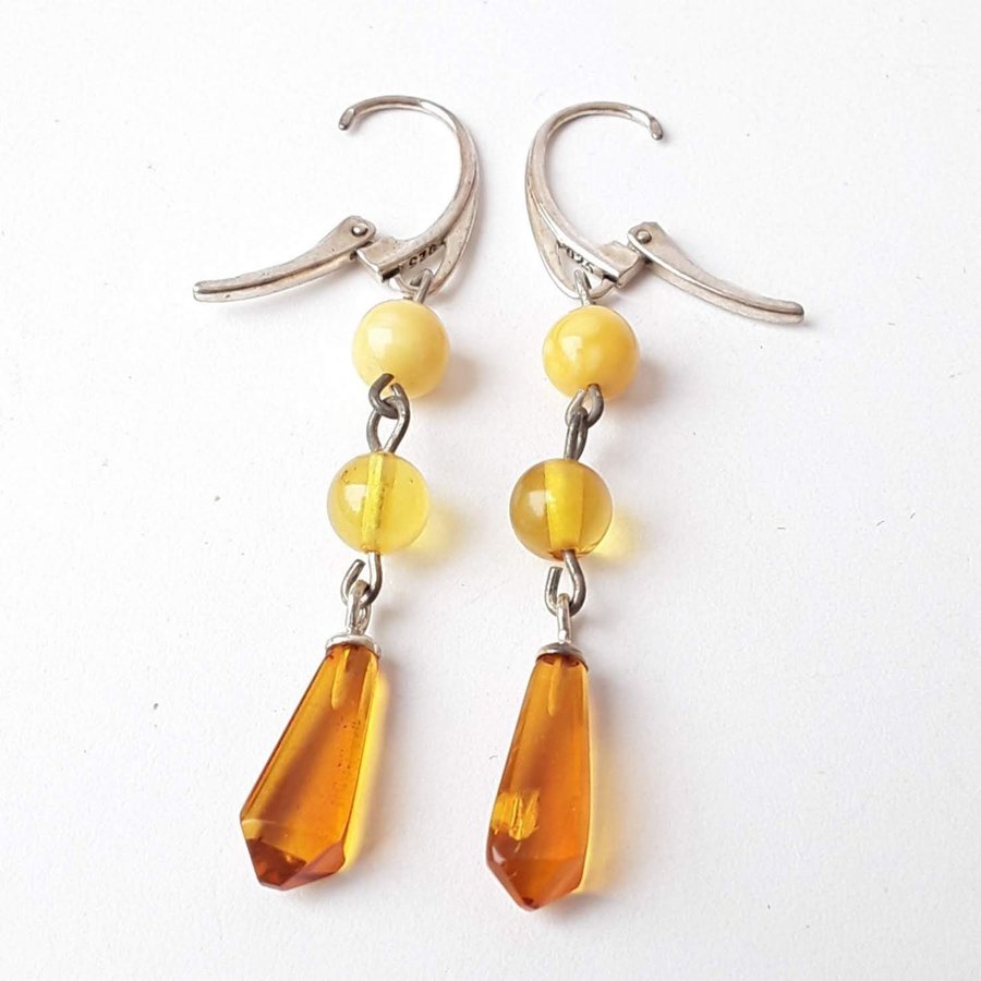 Baltic amber gem and 925 sterling silver long dangle stud earrings jewelry