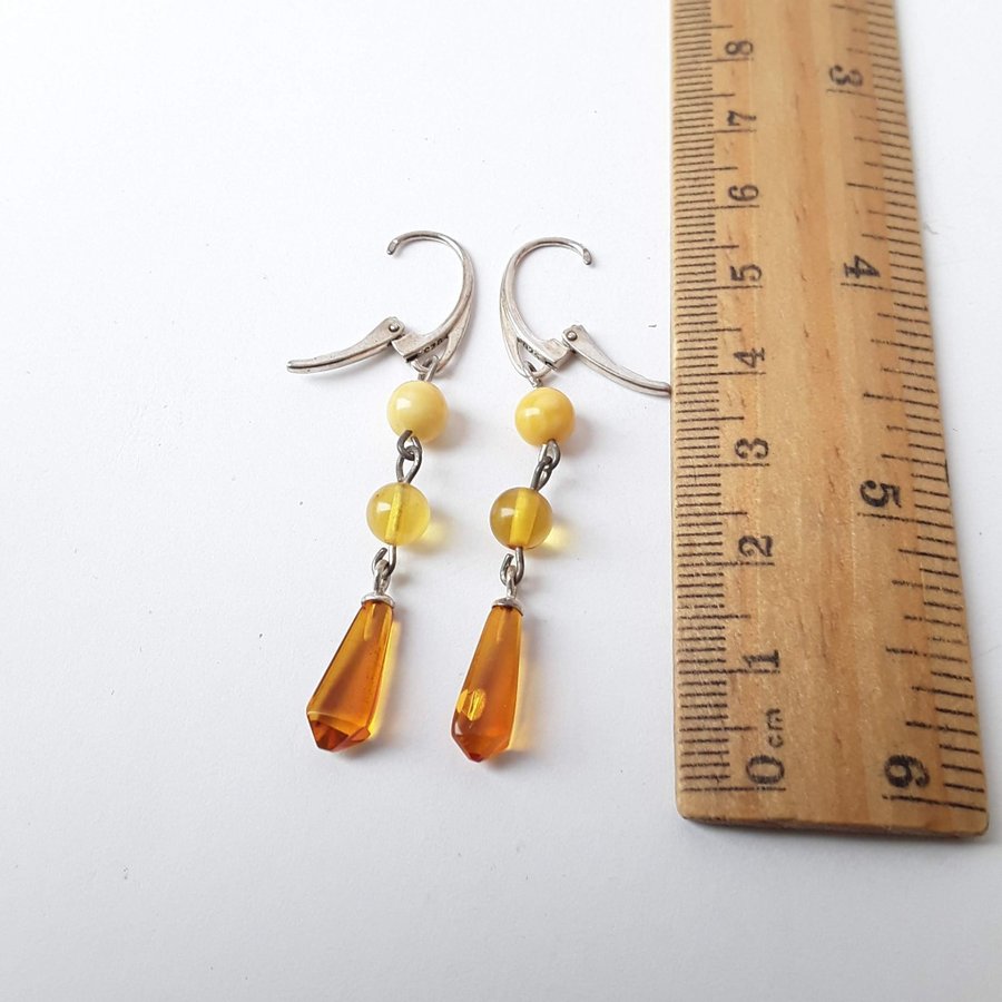 Baltic amber gem and 925 sterling silver long dangle stud earrings jewelry