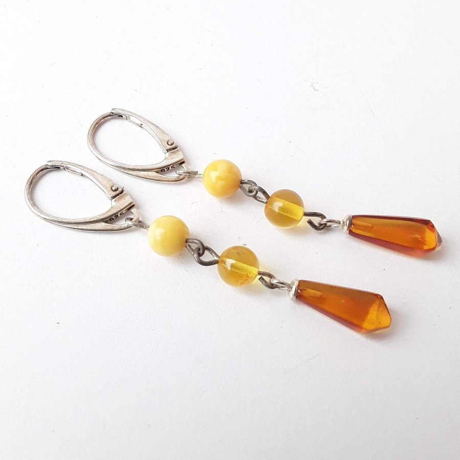 Baltic amber gem and 925 sterling silver long dangle stud earrings jewelry