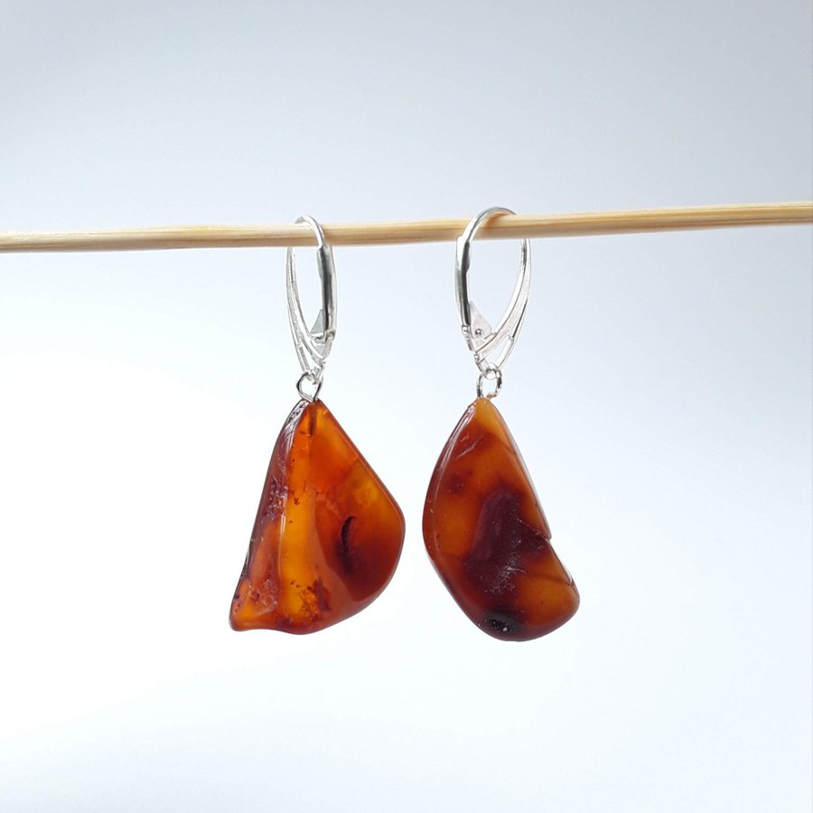 Brown raw Baltic amber gem dangle earrings hanging cognac amber earrings jewelry