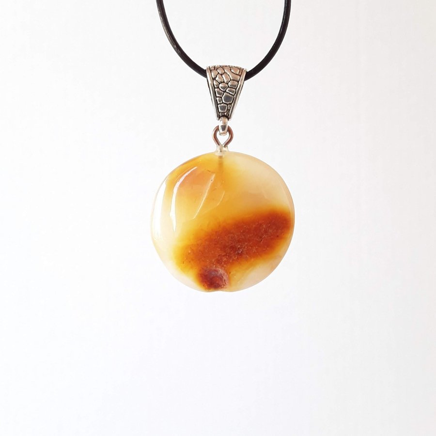 Baltic amber gem round circle yellow pendant on a black leather chain jewelry