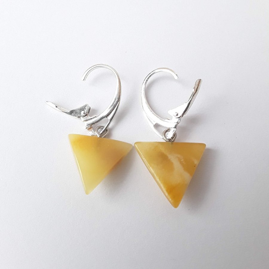 White Baltic amber dangle earrings Triangle gemstone small hanging earrings