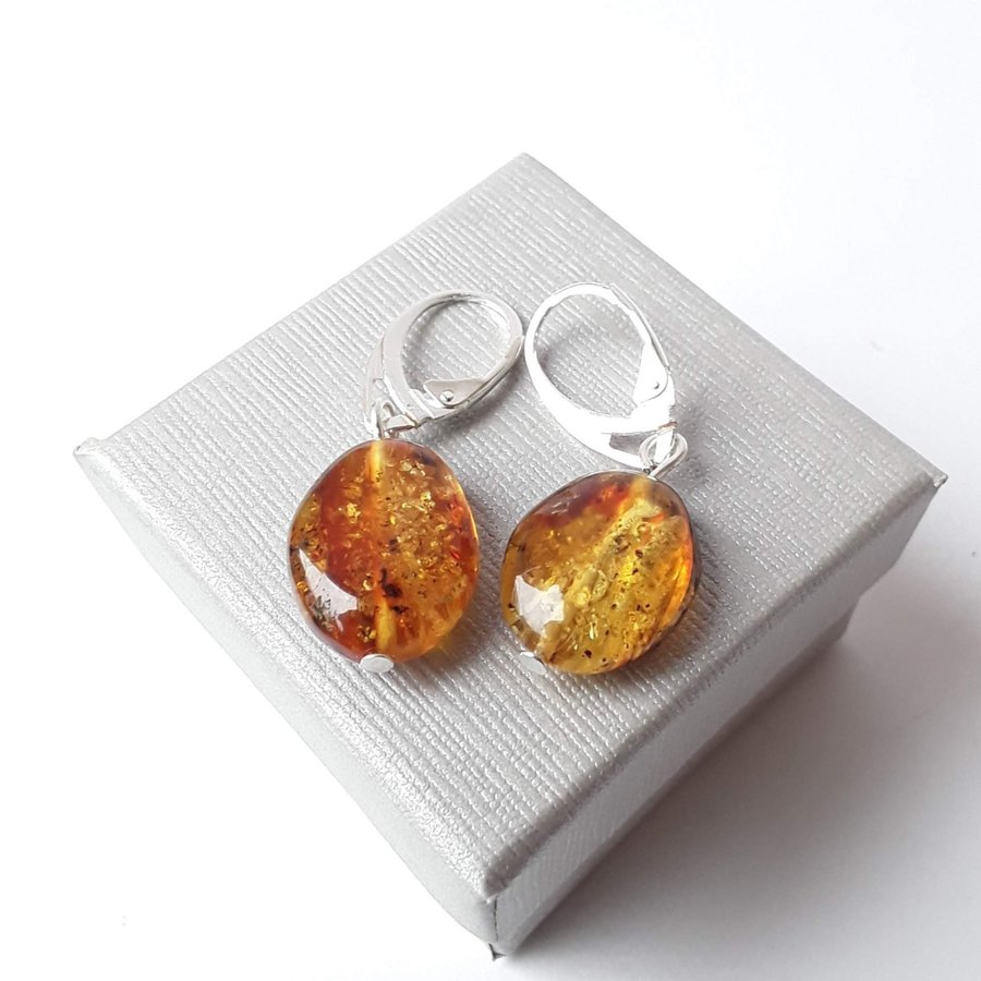 Baltic amber dangle earrings Hanging yellow oval amber gemstone earrings jewelry
