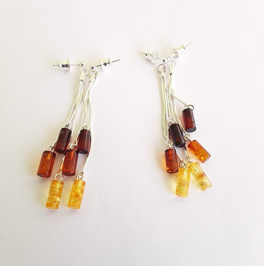 Baltic amber gem and 925 sterling silver long dangle stud earrings jewelry