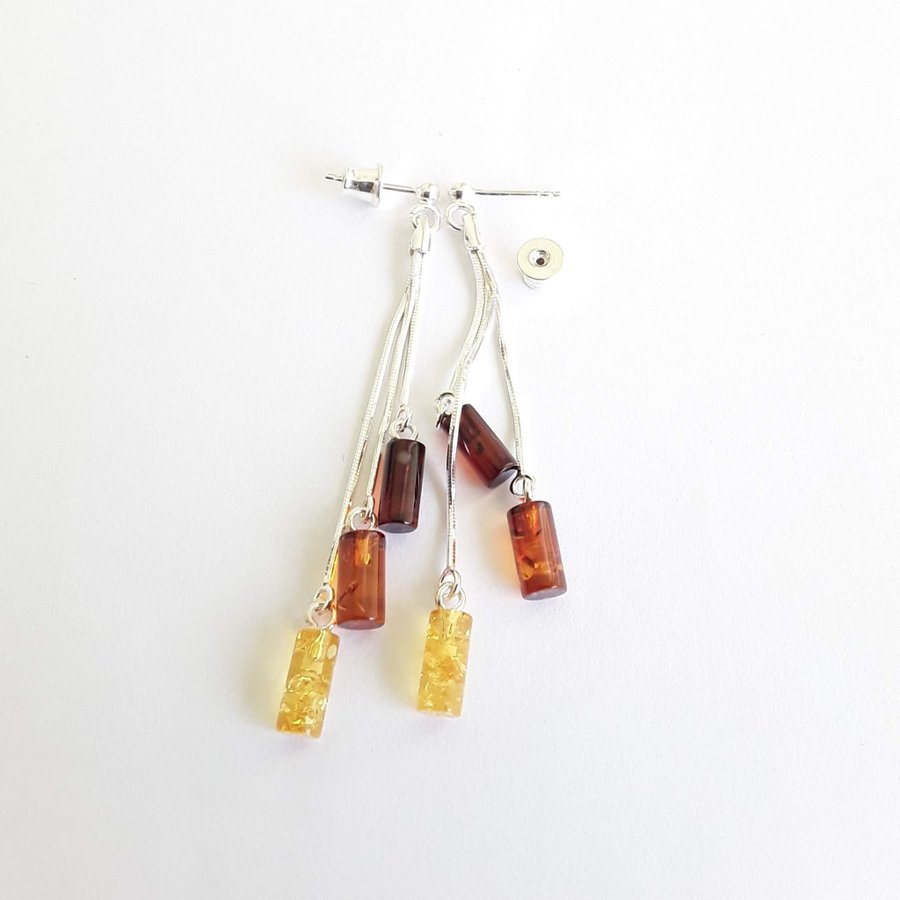 Baltic amber gem and 925 sterling silver long dangle stud earrings jewelry