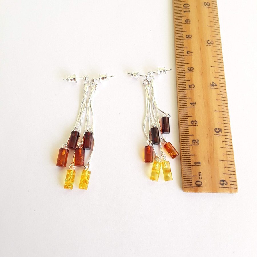 Baltic amber gem and 925 sterling silver long dangle stud earrings jewelry