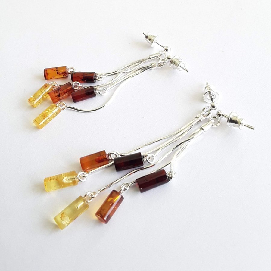 Baltic amber gem and 925 sterling silver long dangle stud earrings jewelry