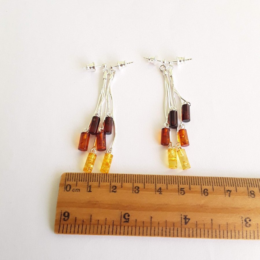 Baltic amber gem and 925 sterling silver long dangle stud earrings jewelry