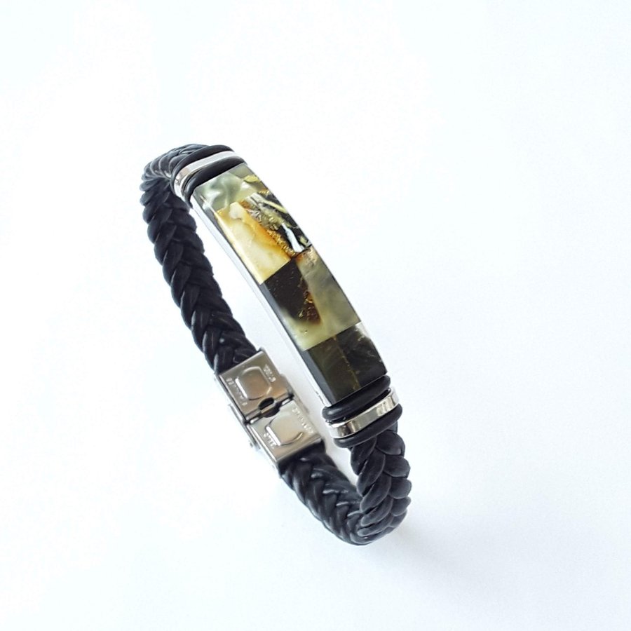 Baltic amber and black leather bracelet Unisex natural leather and gem bracelet