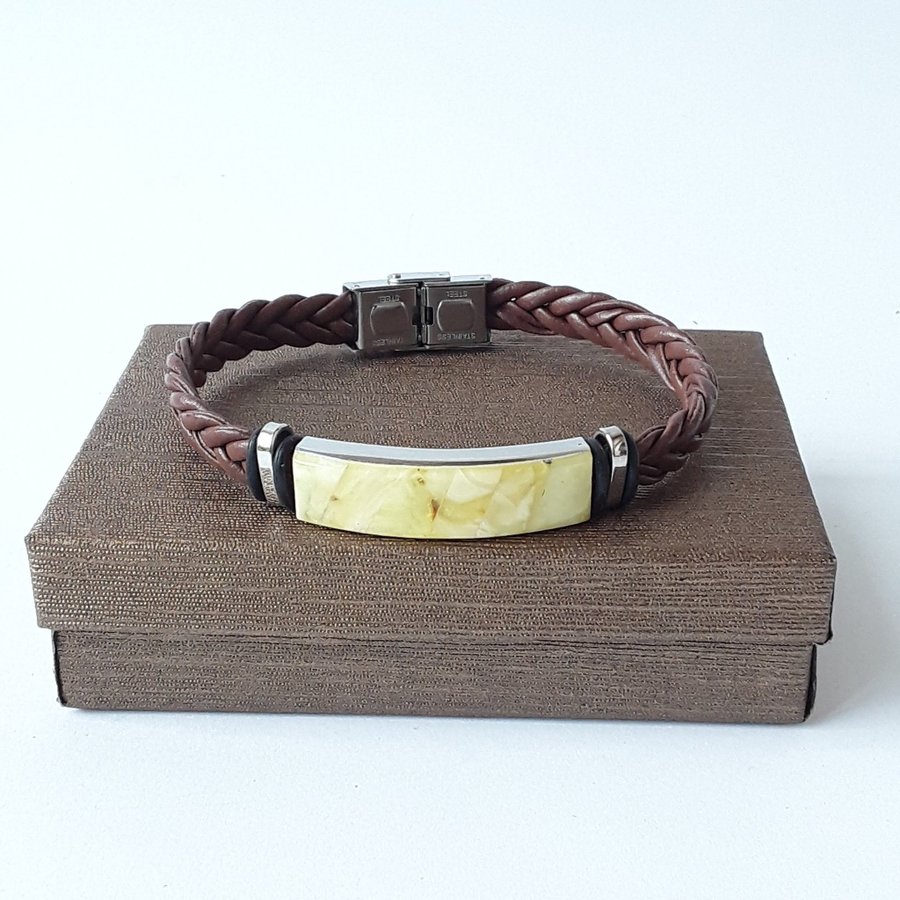 Baltic amber and black leather bracelet Unisex natural leather and gem bracelet