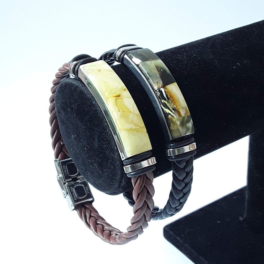 Baltic amber and black leather bracelet Unisex natural leather and gem bracelet