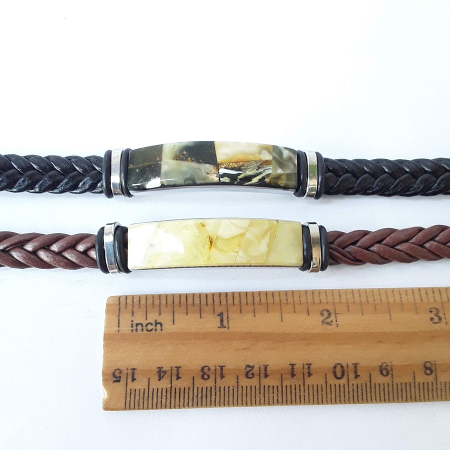 Baltic amber and black leather bracelet Unisex natural leather and gem bracelet