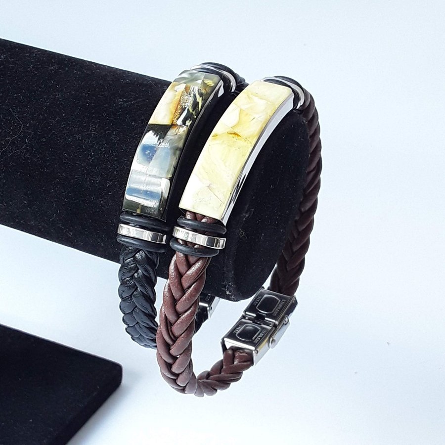 Baltic amber and black leather bracelet Unisex natural leather and gem bracelet