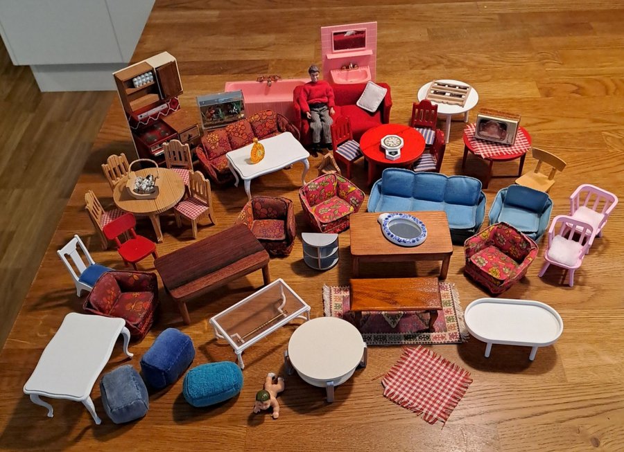 Lundby original möbler över 1 kg stor lot samling paket dockhus dockskåp retro