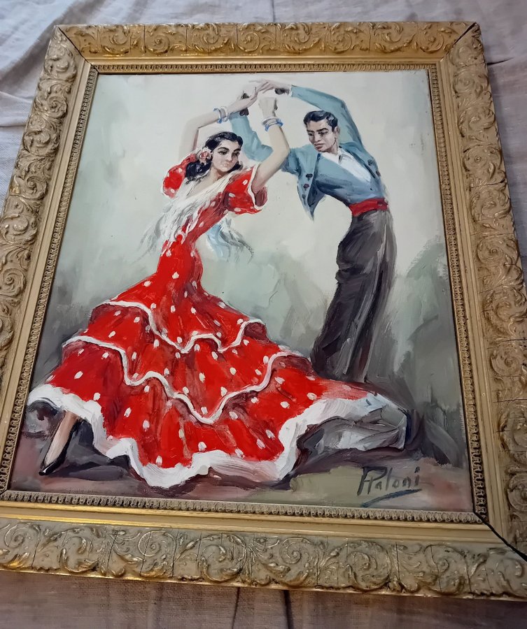 KONST TAVLA RETRO VINTAGE HANDGJORD TRÄ RAM TANGO FLAMENCO SPANIEN OLJEMÅLNING