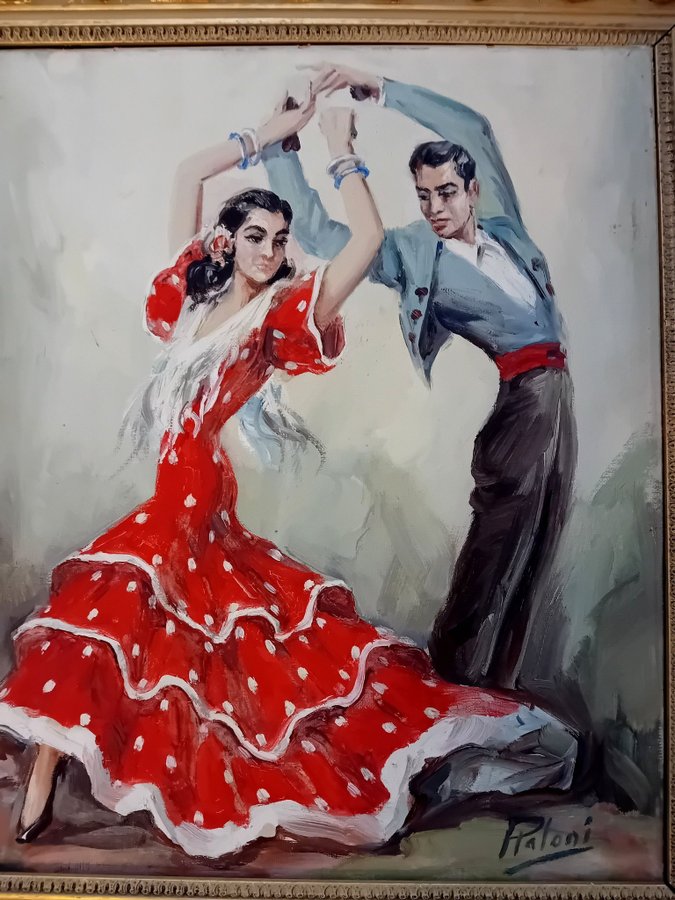 KONST TAVLA RETRO VINTAGE HANDGJORD TRÄ RAM TANGO FLAMENCO SPANIEN OLJEMÅLNING