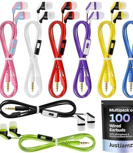 100x Multipack | JustJamz?® Bulk Earbuds with Microphone | for Schools and etc