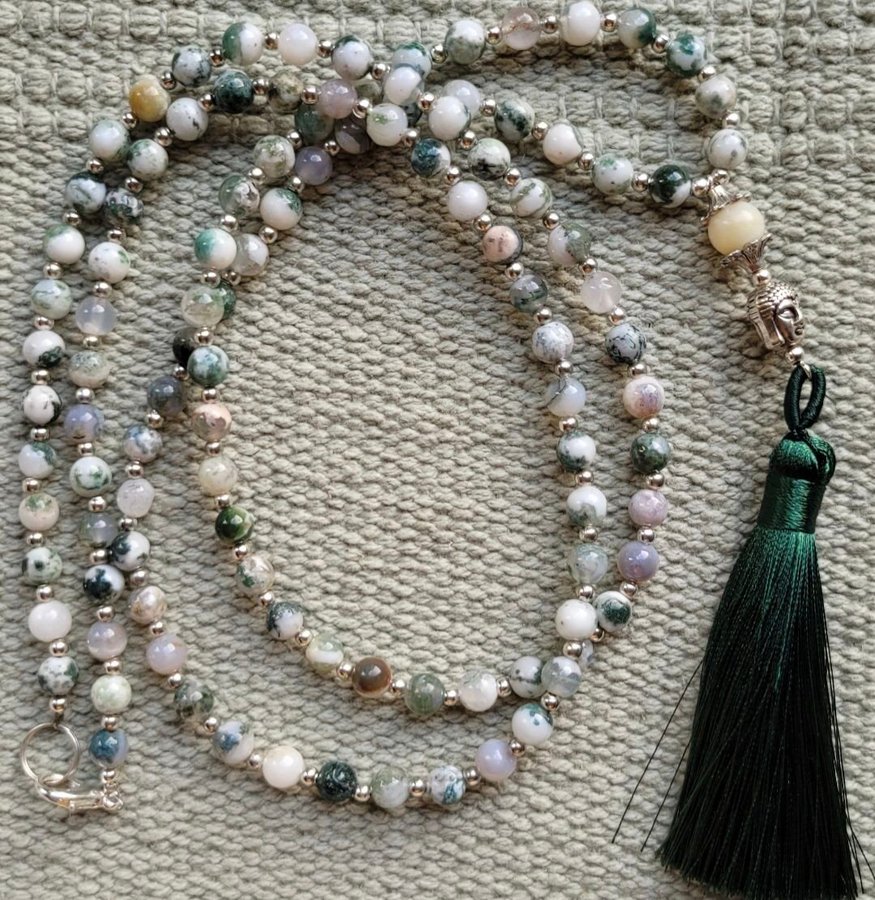 Halsband Mala 108 agat/mossagat/trädagat grön/vit/mörkgrön/silver/tofs/meditatio