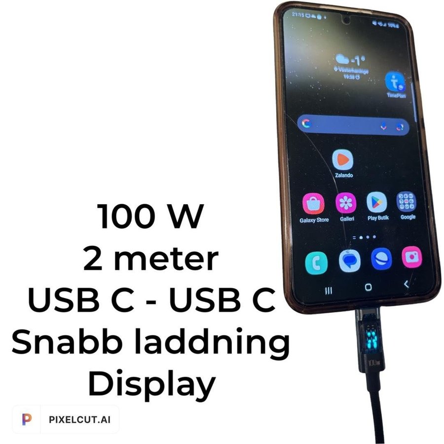 Laddkabel 2 meter USB C - USB C snabbladdning med display