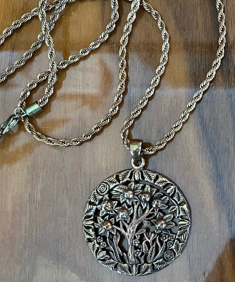Runt hänge brons halsband kedja länk vintage träd frukt blad blommor ev finskt