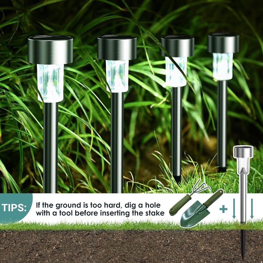12-pack rostfritt stål LED Solar utomhus vattentät ljus trädgårdslampa