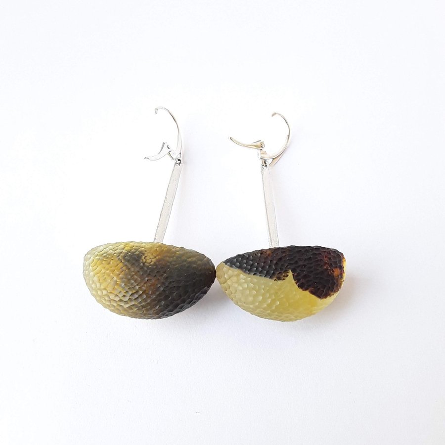 Big Baltic amber gemstone and 925 sterling silver long dangle unique earrings