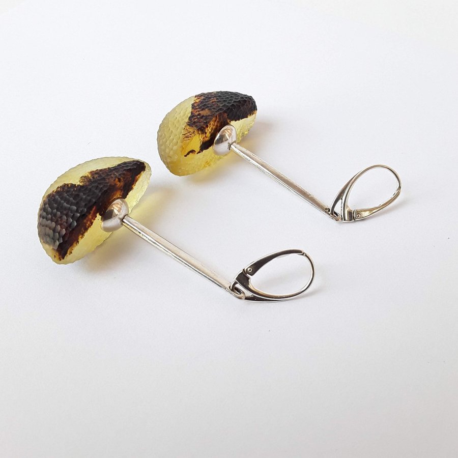 Big Baltic amber gemstone and 925 sterling silver long dangle unique earrings