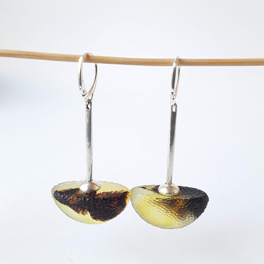 Big Baltic amber gemstone and 925 sterling silver long dangle unique earrings