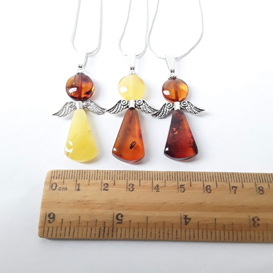 Baltic amber Angel pendant on a silver color chain Unisex Guardian angel jewelry