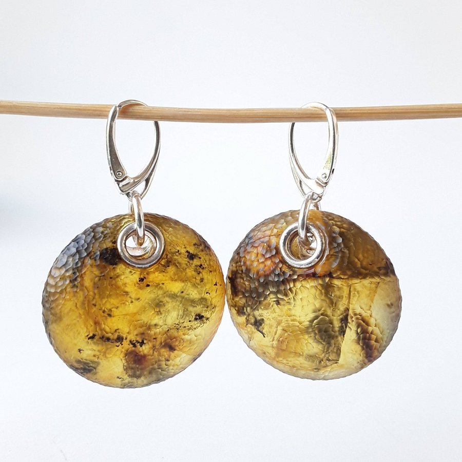 Big Baltic amber gemstone and 925 sterling silver round dangle unique earrings