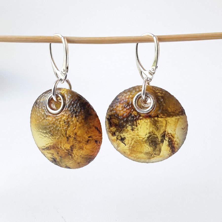 Big Baltic amber gemstone and 925 sterling silver round dangle unique earrings