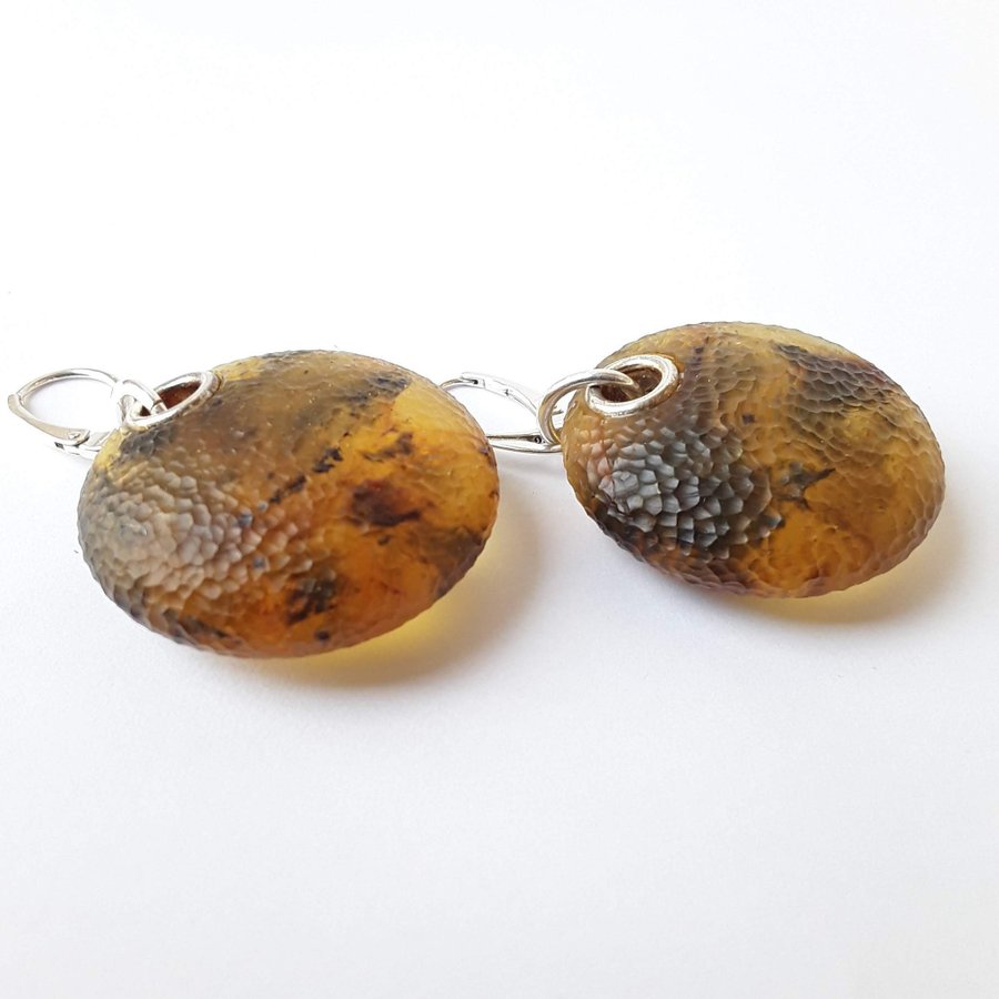 Big Baltic amber gemstone and 925 sterling silver round dangle unique earrings